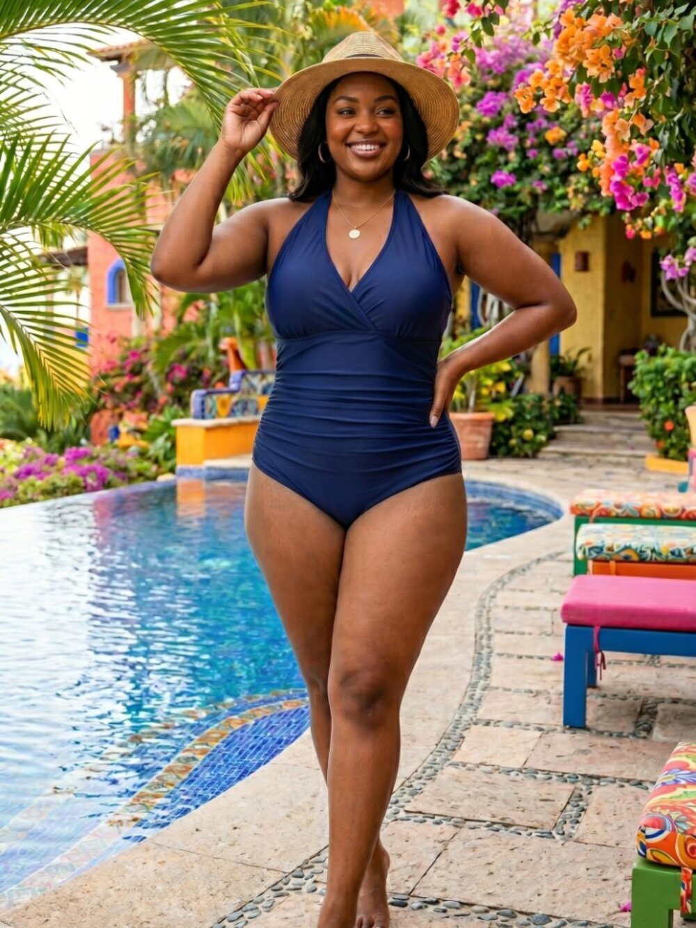Plus Size Halter Wrap Swimsuit Navy Blue Ruched Tummy Control 0X Coastal Resort